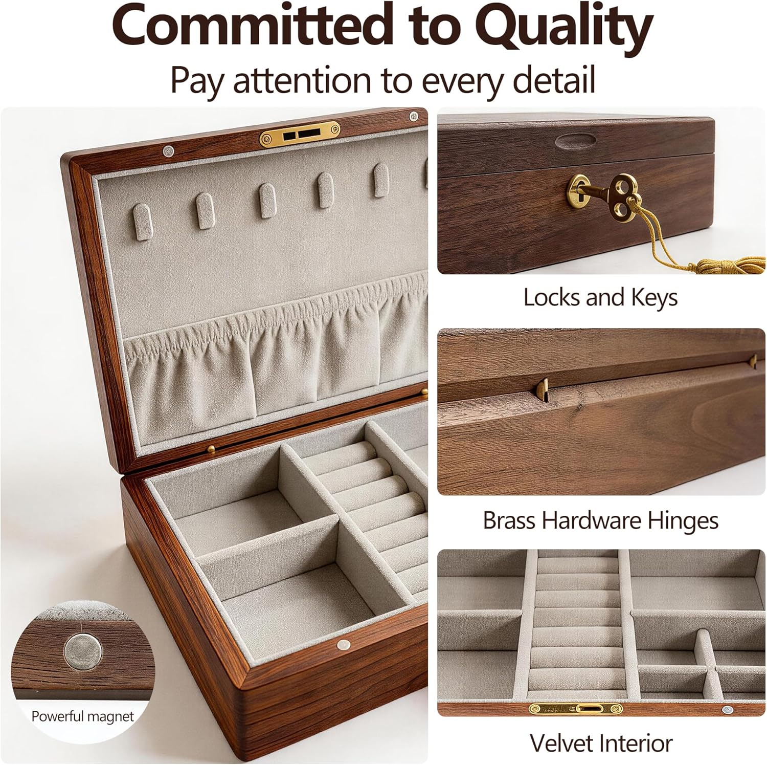 Solid Black Walnut Wooden Jewelry Box with Lock and Key, Velvet Interior, Vintage Style Lockable Organizer & Storage Case for Necklaces, Rings, Earrings, Watches, Bracelets - Gift for Women or Men