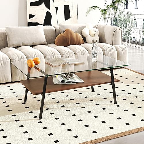 Miniatura 11 de Mesa de centro de cristal para sala de estar, mesa de centro de 2 niveles de mediados de siglo, mesa central con parte superior de vidrio templado