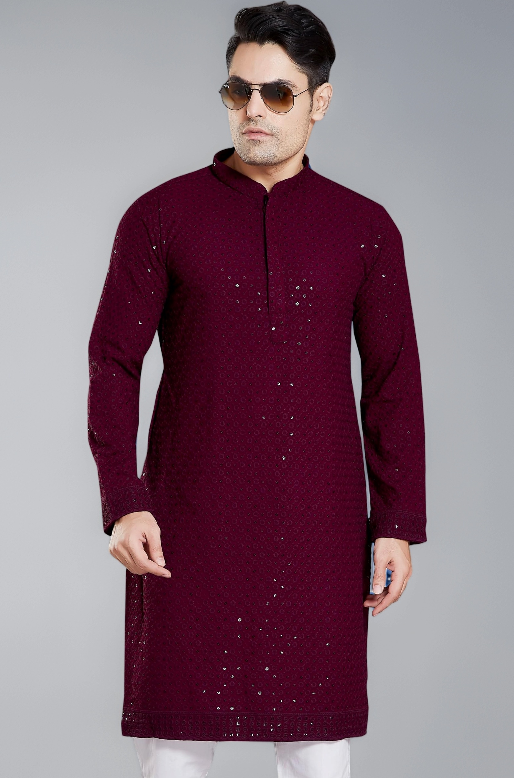 Men's Sequince Embroidered Cotton Blend Only Slim Fit Kurta