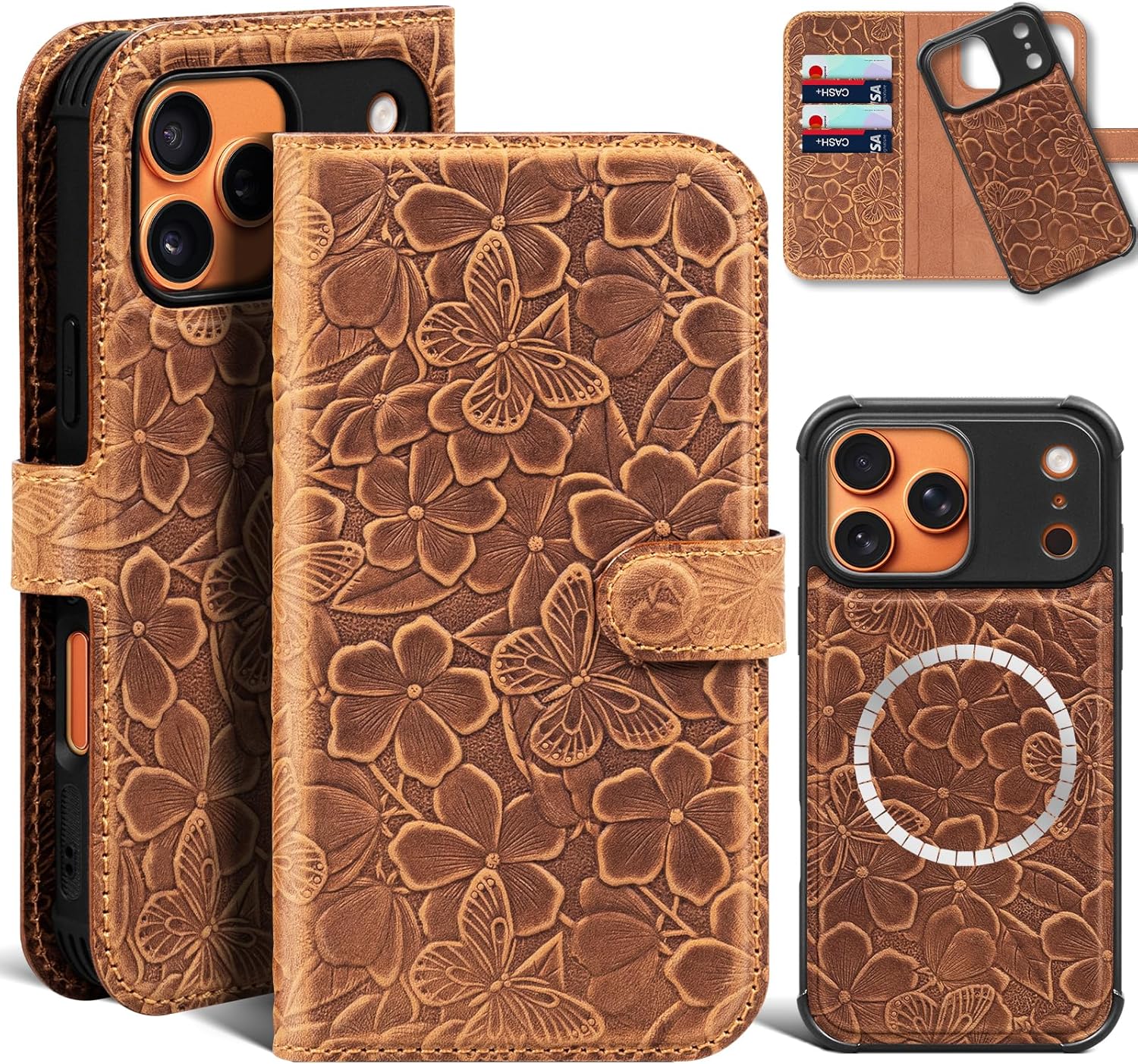 Genuine Leather Wallet Case for iPhone 17 Pro Max | 2-in-1 Magnetic Detachable Flip Folio Cover with Card Slots, RFID Blocking, Shockproof Protection & Wireless Charging | Brown