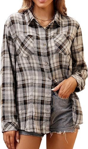 Alex Vando Womens Flannel Shirt Regular Long Sleeve Button Down Flannel Shirts f