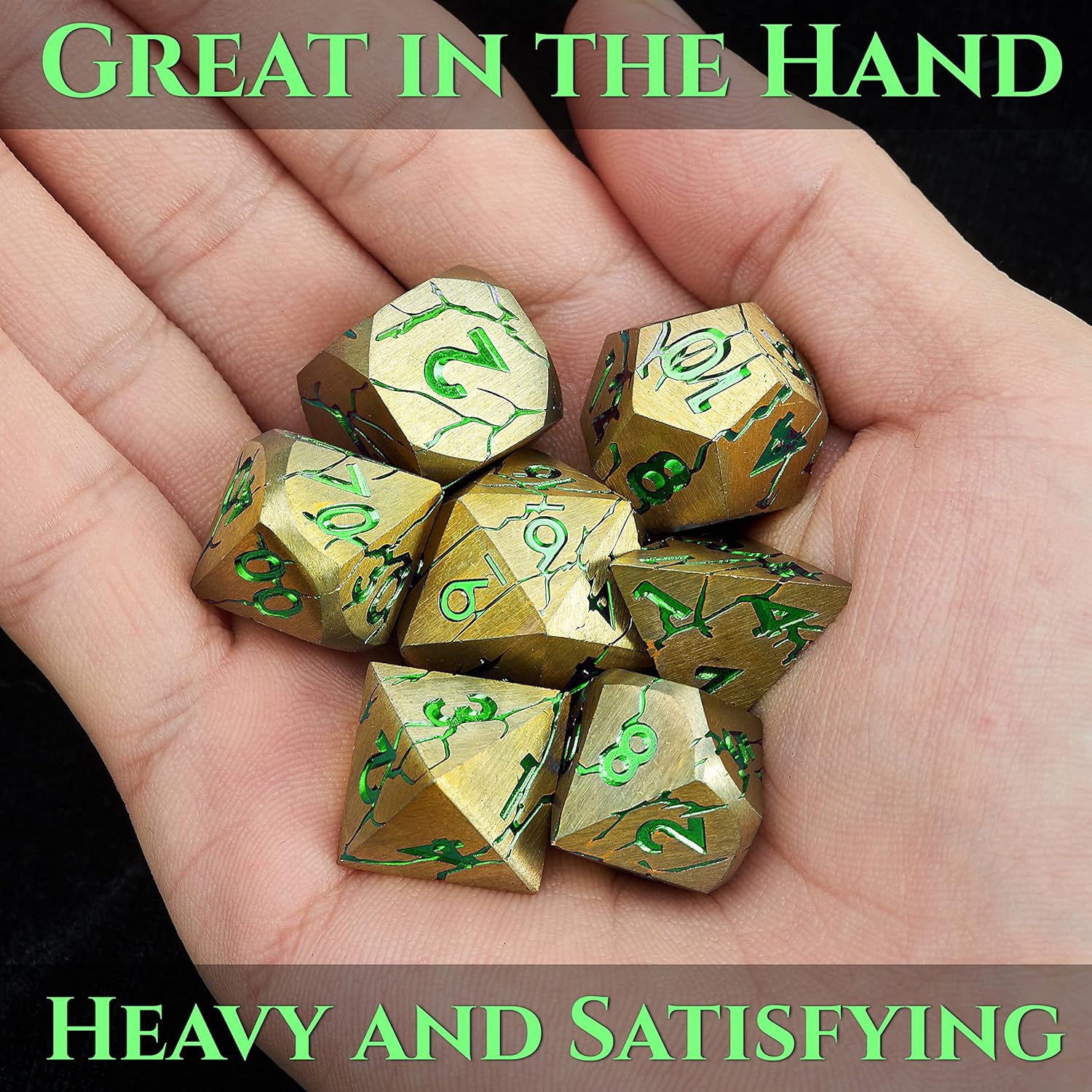 Pharaoh Ruins Gold Metal Dice with Green Cracks + Green Wolf DND Dice Tray