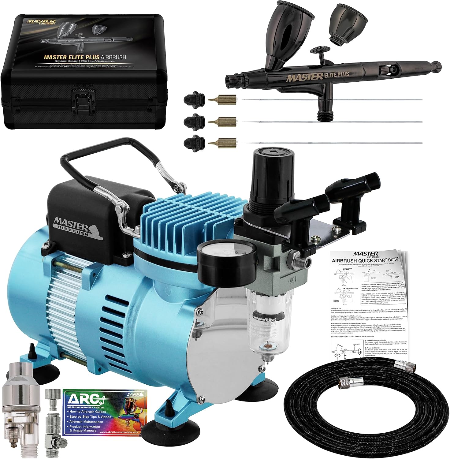 Master Airbrush Cool Runner II Dual Fan Air Compressor System Kit with Master Elite Plus Ultimate Airbrush Set with 3 Tips 0.2, 0.3 and 0.5 mm, Case, Dual-Action, 2 Cups Hose Holder, Filter - Hobby