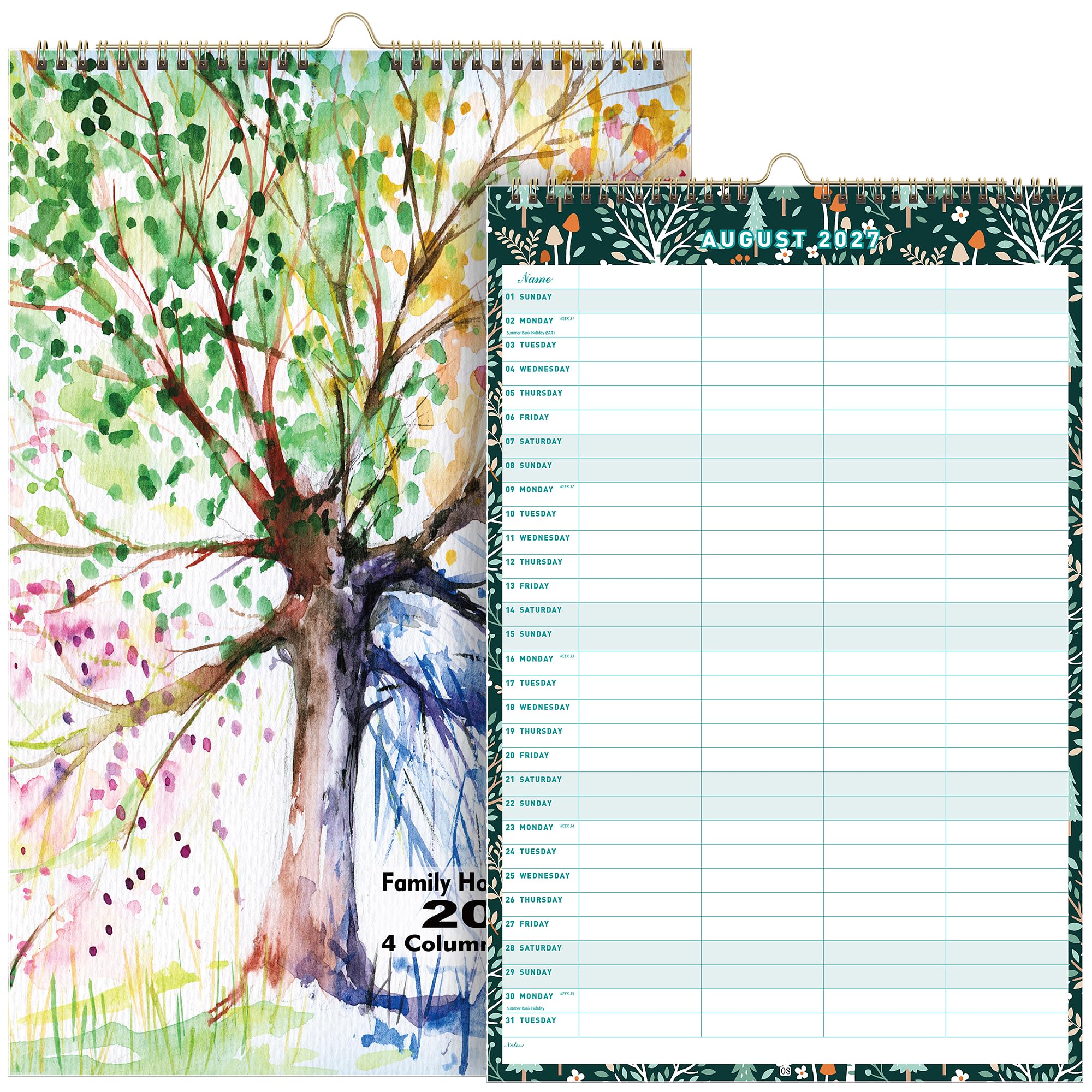 Family Calendar 2027 for UK, 4-Column Layout, 28 x 43 cm