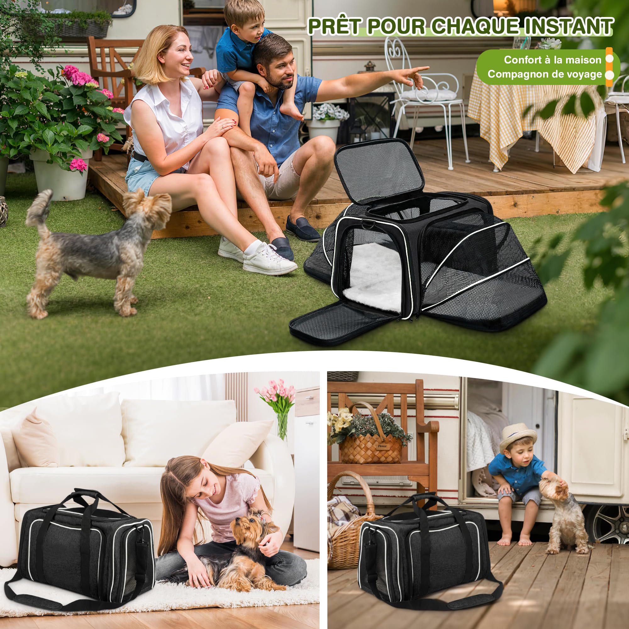 ALLSOPETS Sac de Transport Extensible pour Chat et Petit Chien, Sac Souple Pliable avec Extensions Latérales, Coussin Amovible et Poches, Transport Animaux Cabine Avion (Noir & Blanc)