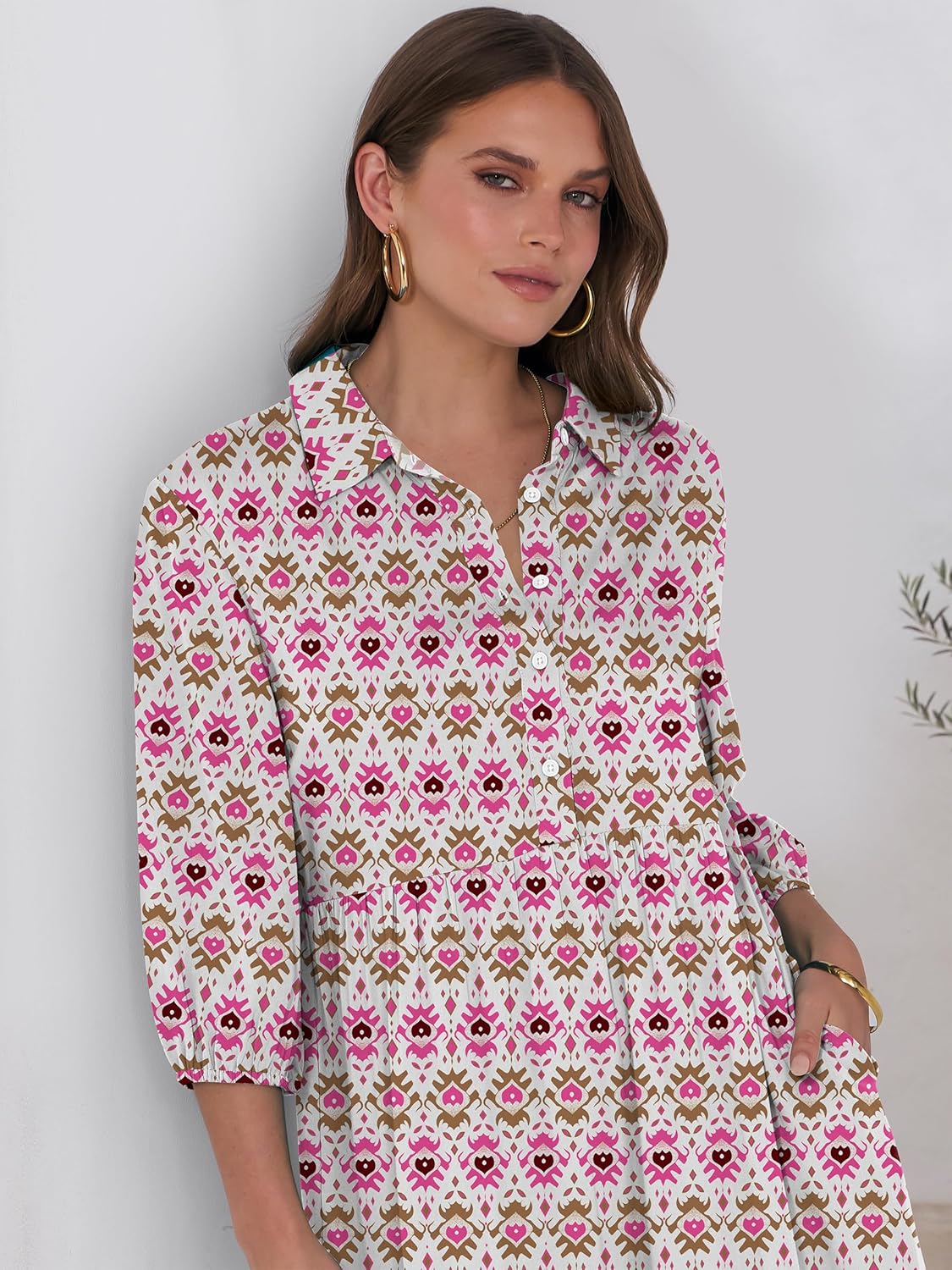 ANRABESS Women Summer Dress 2026 3/4 Puff Sleeve Polo V Neck Floral Print Casual Boho Shirt Maxi Dress Beach Vacation Clothes - Image 6