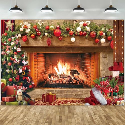 Miniatura 2 de Fondo de tela de poliéster de 7 x 5 pies para chimenea, estilo vintage, árbol de Navidad, fotografía de fondo para niños, retratos, fiestas,