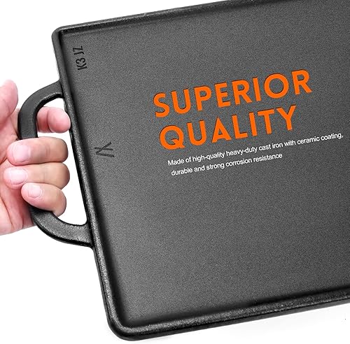 Miniatura 3 de GGC Plancha reversible de hierro fundido, sartén de doble cara para cocinar en interiores y exteriores, placa de plancha de 15 x 9 con lado plano y