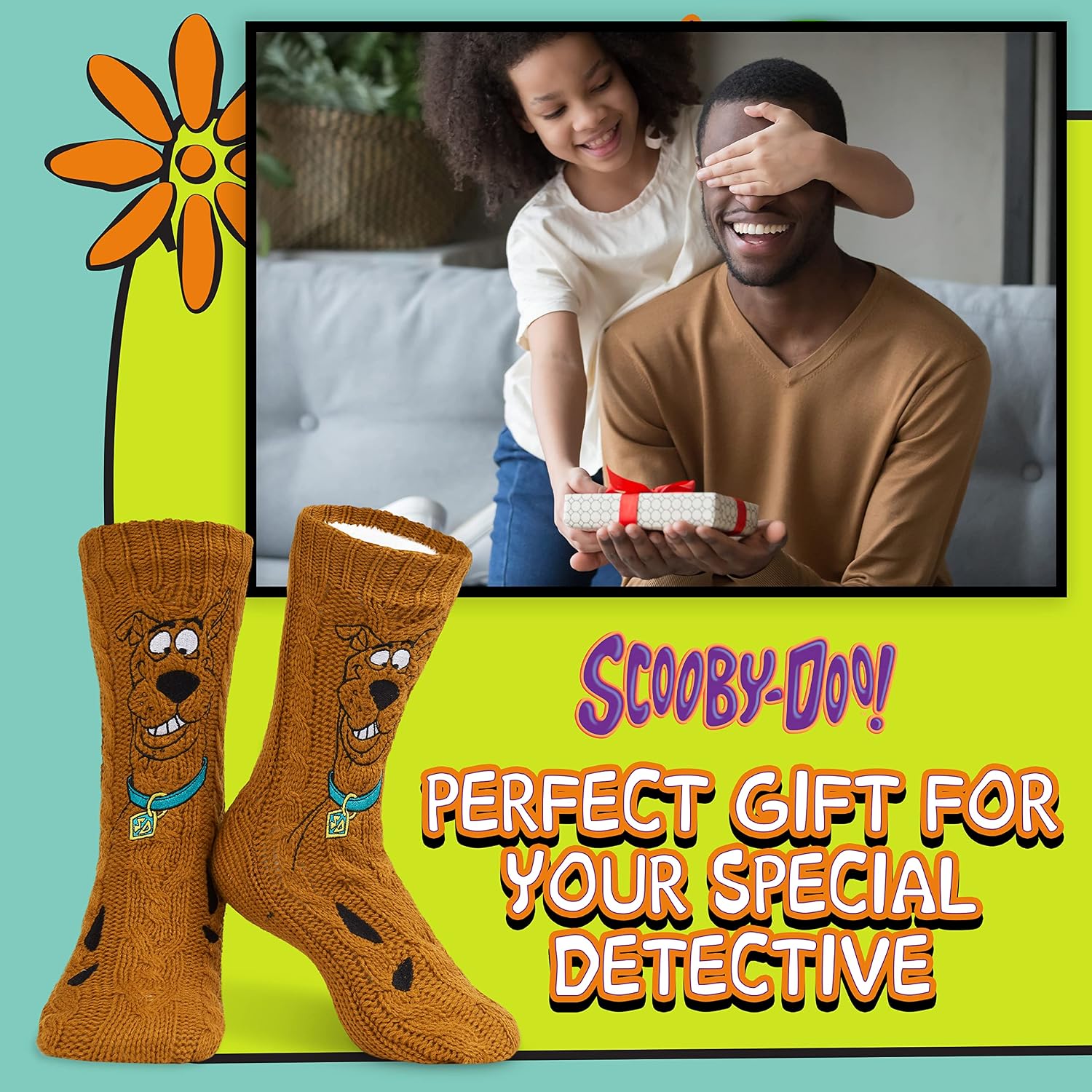 Scooby-Doo! Slipper Socks for Men Teens US Size 7.5-10, Non Slip, Soft Knitted Fluffy Socks, Fleece Lining, Gifts for Men