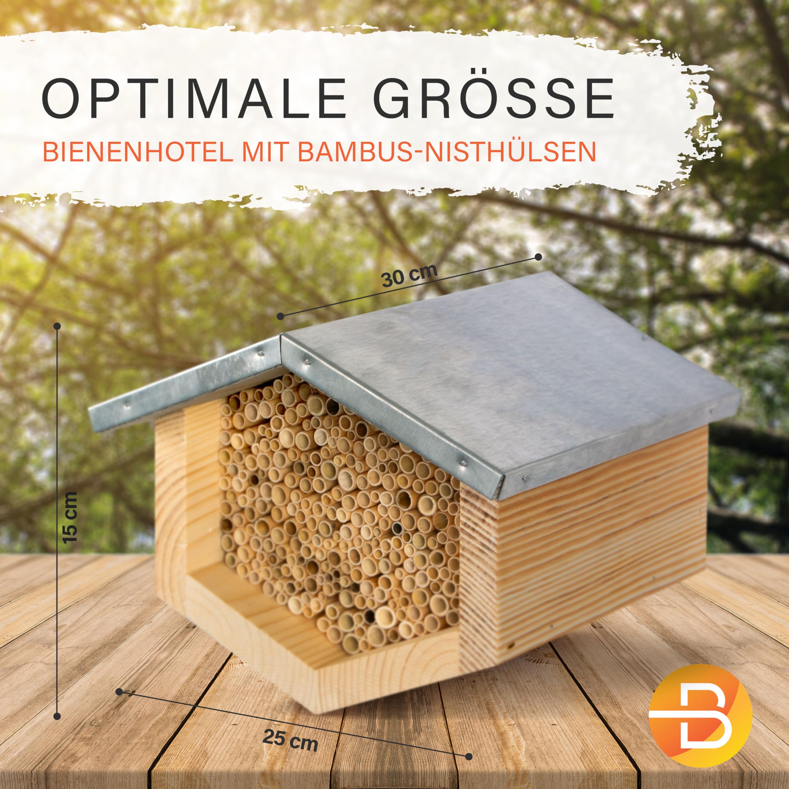 Beesi Wildbienenhotel mit Vogelschutz I Dach wetterfest I Nisthülsen aus Bambus I hochwertiges Insektenhotel I ohne Splitter mit Acrylgrlas Vogelschutz (Schilf - Für kleinere Bienen, Brown)