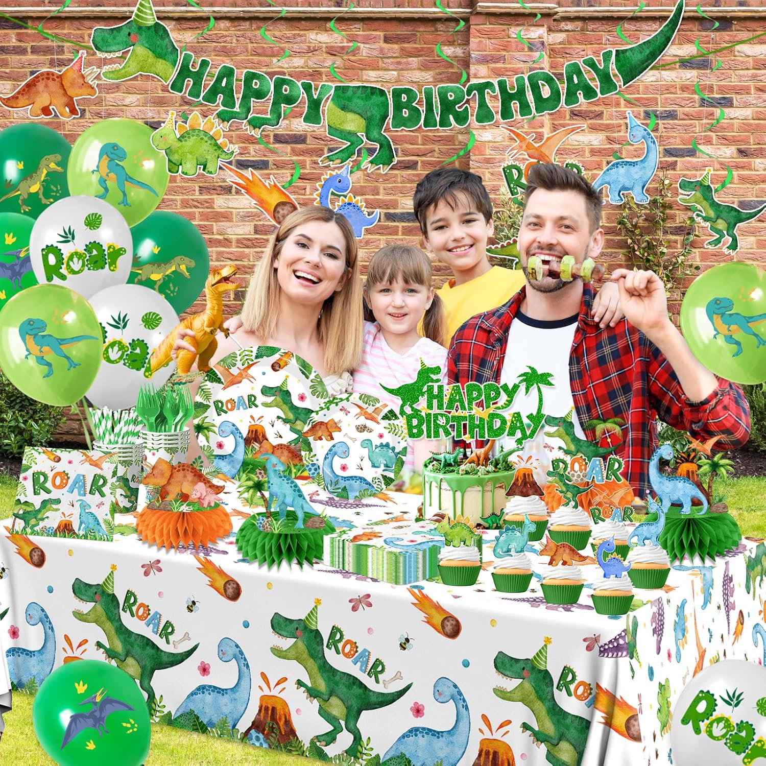 Dinosaur Birthday Party Supplies for Boys,Dinosaur Birthday Decorations Includes Party Plates and Napkins,Banner,12 Balloons,Tablecloth,Cups,Honeycomb Cupcake Topper,Hanging Swirls,Serve 24