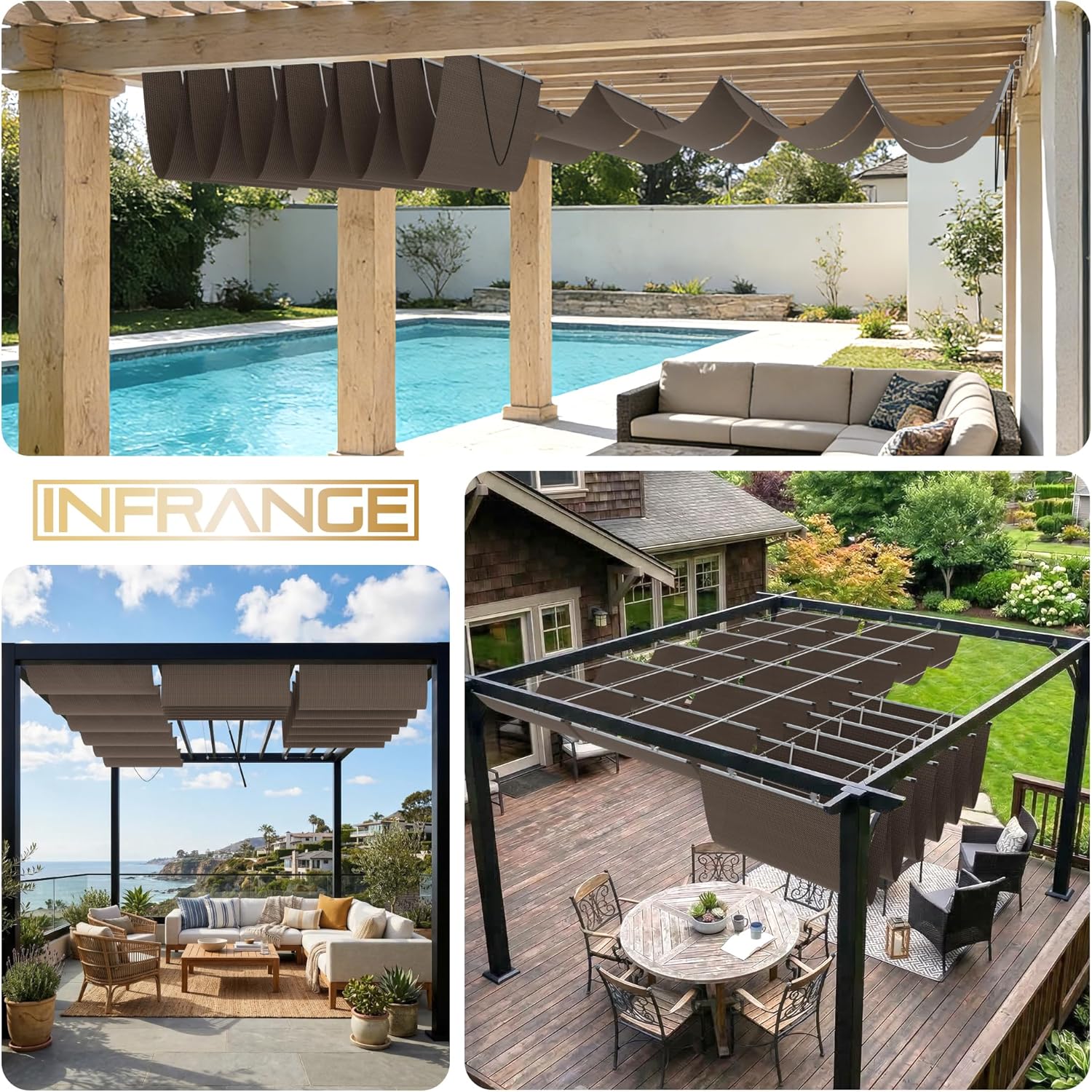 3' x 12' Retractable Wave Sun Shade Sail Outdoor Pergola Canopy Cover Shade Cloth Awning for Patio Porch Garden Backyard, Brown