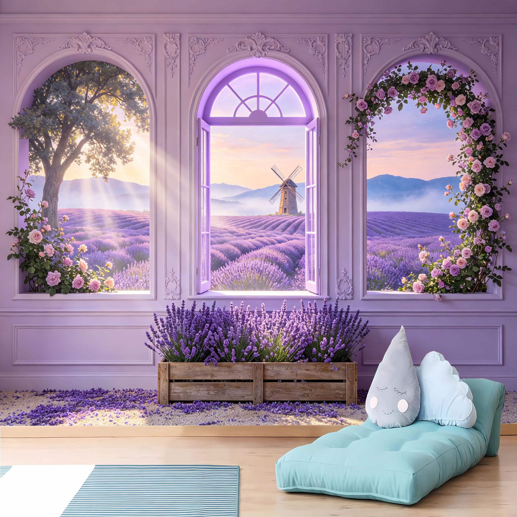 Custom Size Wall Murals Lavender Field Through Purple Window Wall Murals Countryside View Wallpaper Full Wall Self-Adhesive Removable Wallpaper for Living Room