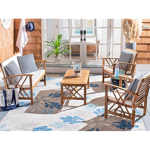 SAFAVIEH Outdoor Collection Fontana Natural/ Beige Cushions/ Thin Stripe Pillows 4-Piece Conversation Patio Set