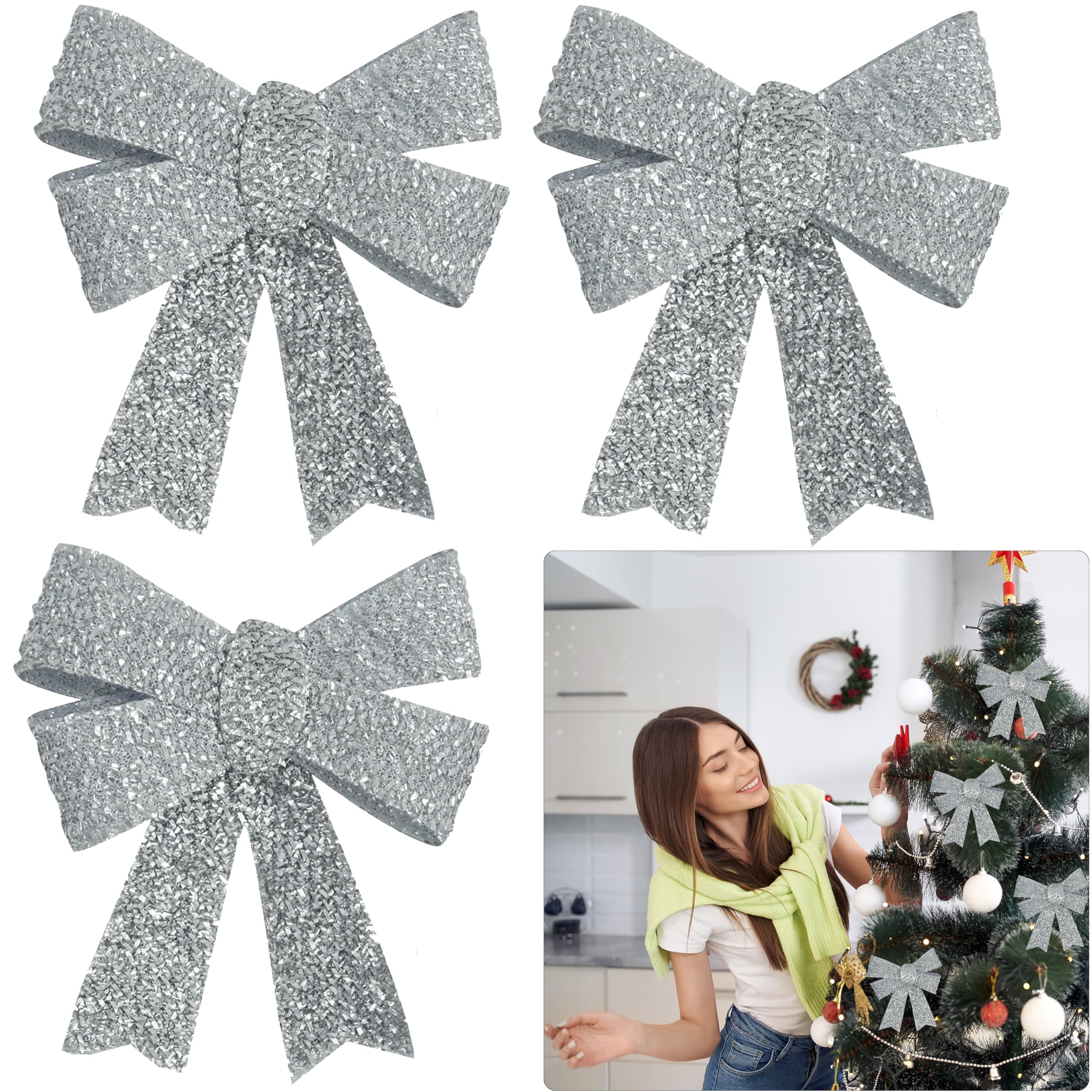 SRV Hub 3Pcs Silver Glitter Christmas Bows 11cm, Decorative Xmas Bows for Tabletop Trees, Wreaths, Hanging Door Decorations, Christmas Crafts and Holiday Supplies