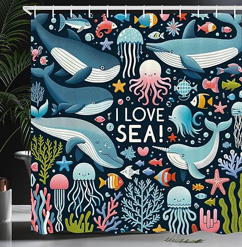 Miniatura 34 de Ambesonne - Cortina de ducha hippie, flores de aspecto de margaritas en ondas groovies abstractas estilo retro de los años 60 y 70, juego de Azul