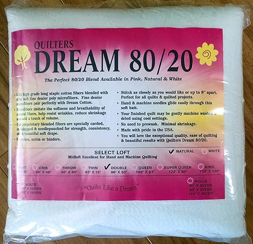 Quilter's Dream 8020, Natural, Select Loft Batting - Tamaño doble 96 x 93 pulgadas