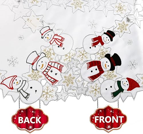 Miniatura 6 de OWENIE Camino de mesa de Navidad de 70 pulgadas de largo, camino de mesa blanco con copos de nieve bordados de muñeco de nieve, centro de mesa de