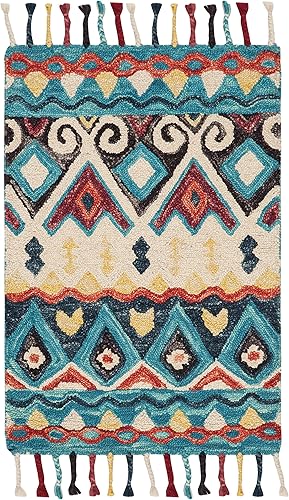 Miniatura 1 de SAFAVIEH Aspen Collection - Alfombra decorativa de 2 x 3 pies, azul y rojo, hecha a mano, lana trenzada con borlas, ideal para zonas de alto tráfico