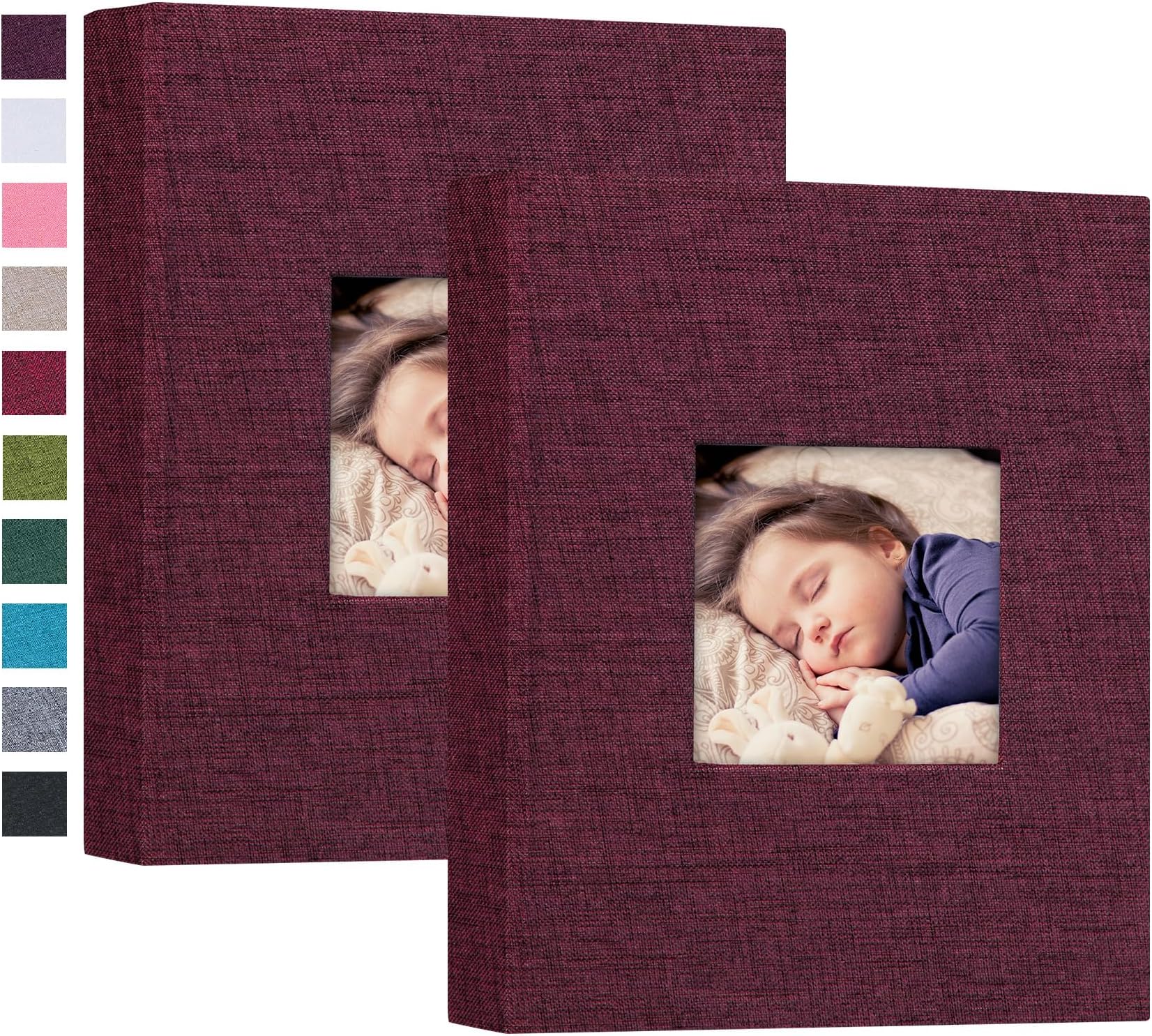 Mublalbum 2 Pack Small 5x7 Photo Album Linen Cover with Display Window Mini Picture Book Each Holds 52 Vertical Pockets for Artwork Postcards or Pictures Storage (Purple)