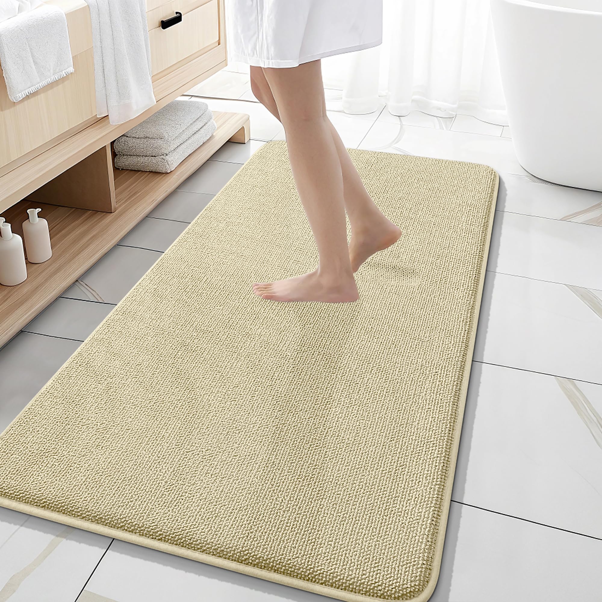 OLANLY Memory Foam Bathroom Runner Rug 47x20, Absorbent Long Bath Mat, Sand