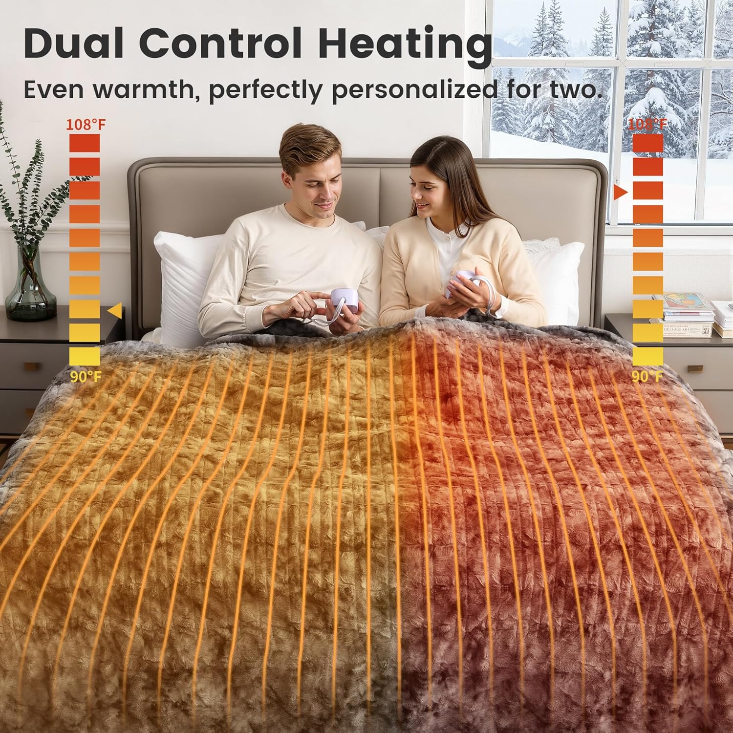 WOOMER Heated Blanket King Size 100" x 90", Electric Blanket with Dual Controllers, 0.5-12 Hours Timer & 10 Heating Levels, ETL Certified, Marble Gray Double-Sided Faux Fur, Machine Washable - Image 4