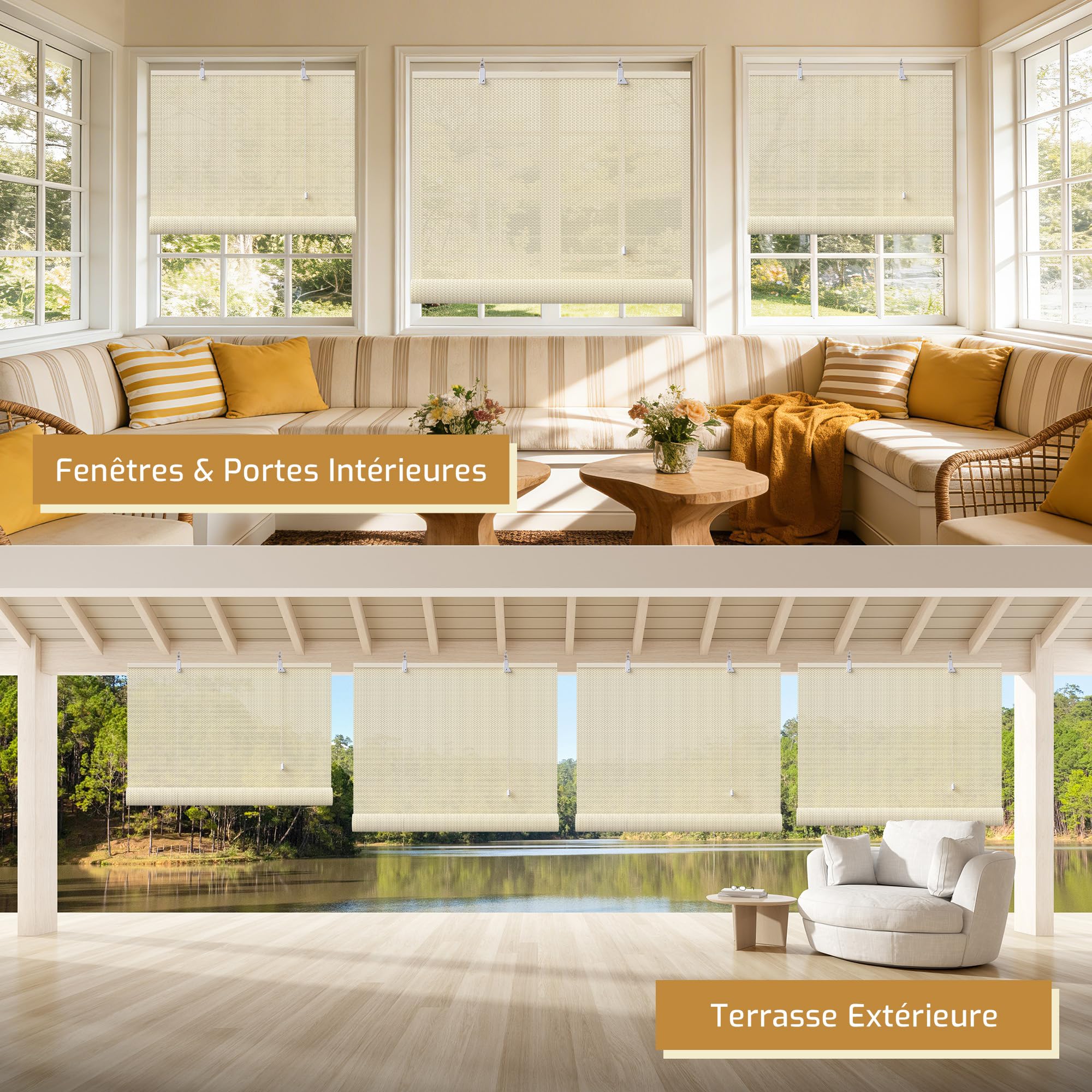 Grandekor Store Enrouleur Extérieur Occultant Bambou 110 x 220cm Crème, Résistant Extérieur pour Terrasse Véranda Pergola Porte & Fenêtre