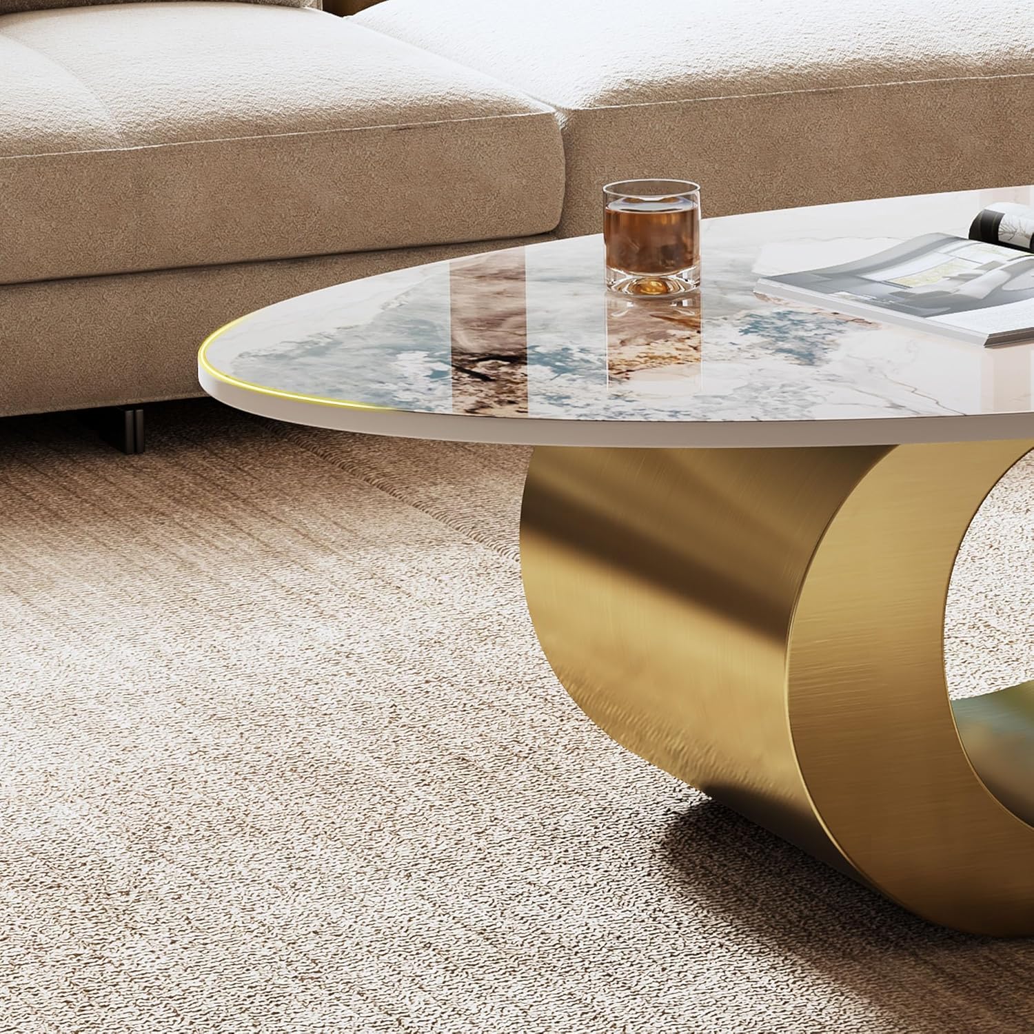 Modern Coffee Table with Gold Stainless Steel Pedestal,Oval Living Room Table with Faux Marble Top,Sintered Stone Cocktail Center Table Marble Grain,49.20inch