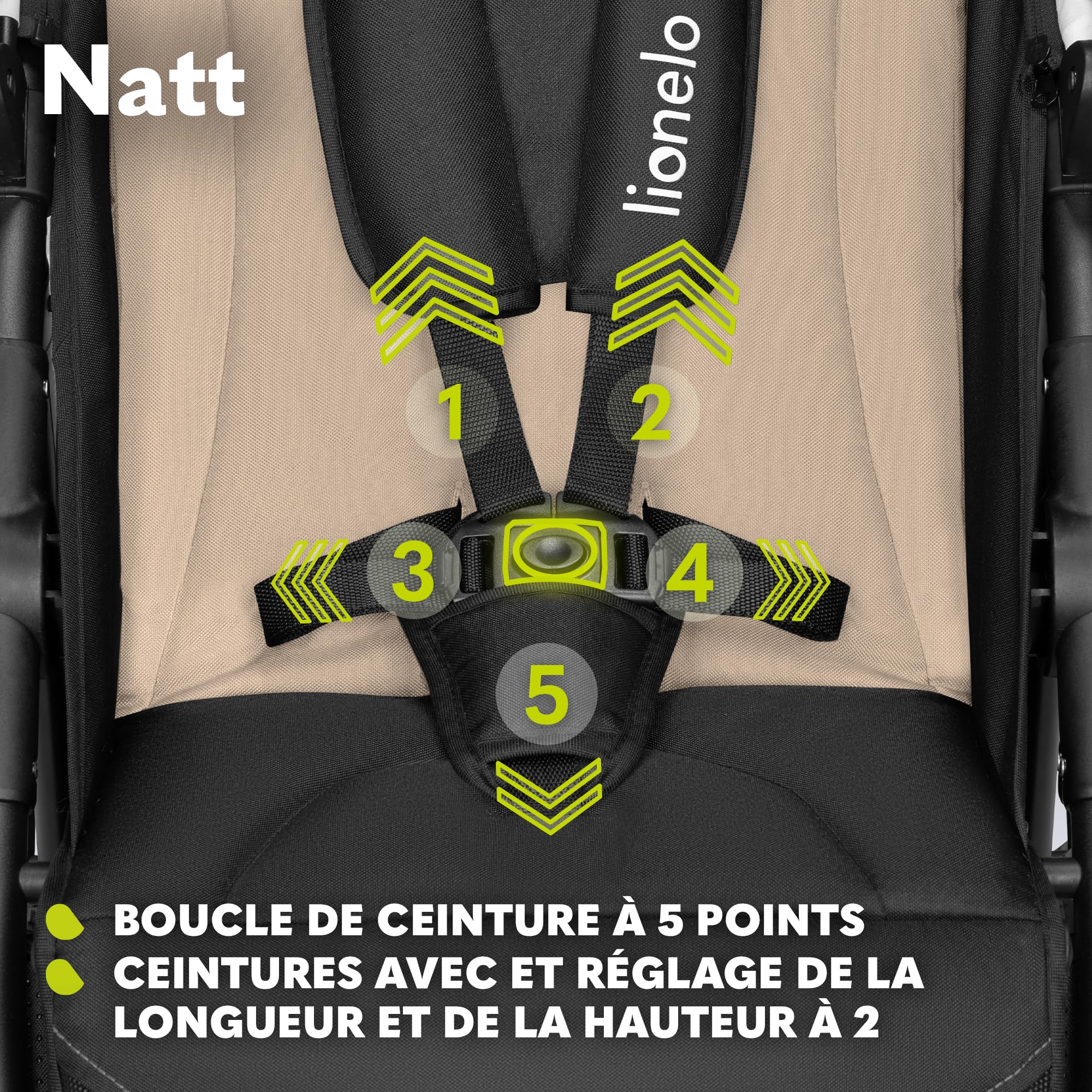 LIONELO Natt Poussette Canne Bébé jusqu’à 22 kg, Réglages de la Poignée et du Dossier jusqu'à la Position Allongée, Ceintures de Sécurité à 5 points, Grandes Roues Tout-terrain Auvent XXL (Beige)