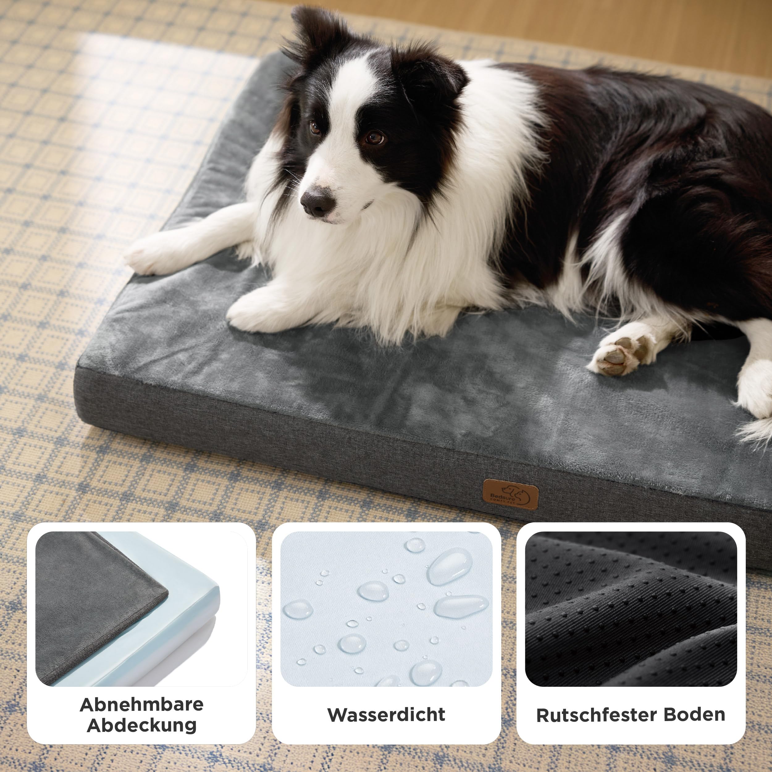 BEDSURE orthopädisches Hundekissen große Hunde - 89x56x8cm waschbares Hundebett mit 2 in 1 Memoryschaum, kuscheliges Hundematte Hundematratze, dunkelgrau