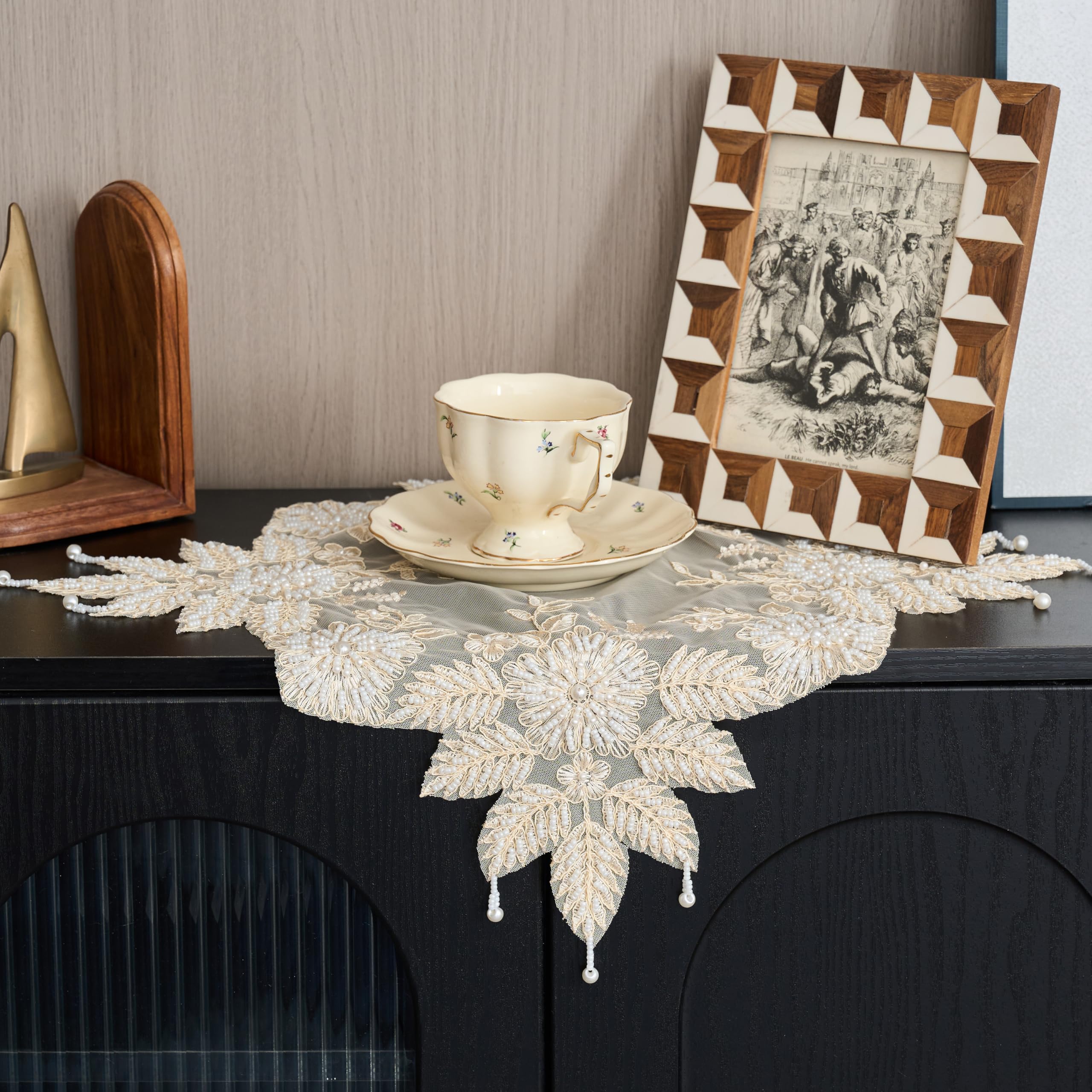 Embroidered Beaded Lace Doily, Elegant Home Decor Placemat, 40cm