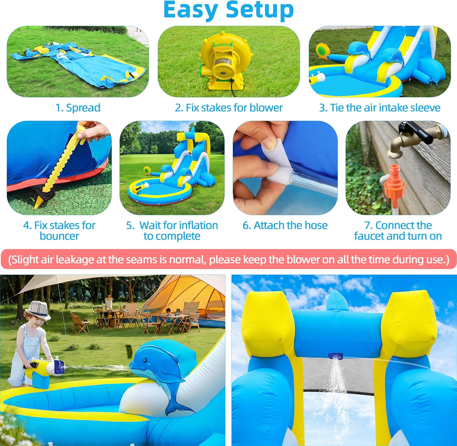 TOAOB Inflatable Water Slide: 4 in 1 Bounce House Water Park Dolphin Style for Kids - Climbing Wall Splash Pool Water Cannon - 370W Blower - Wet & Dry Indoor Outdoor Backyard Birthday Party