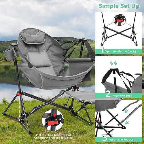 Miniatura 7 de Ainfox Hamaca de camping con reposapiés, resistente y plegable, portátil, mecedora, para exteriores, campamento, con soporte para tazas, almohada
