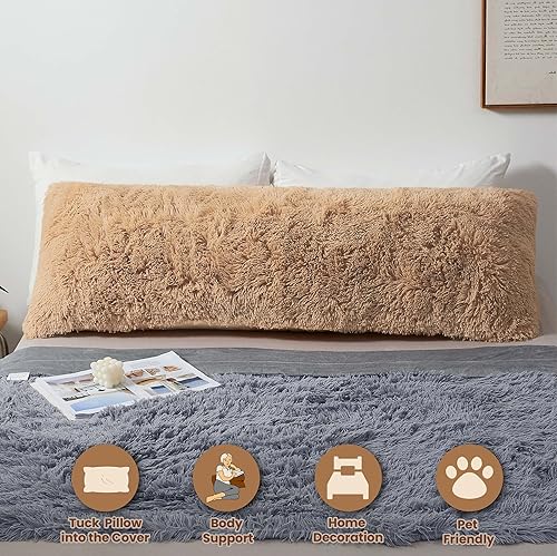 Miniatura 2 de MEGO Funda de almohada de felpa peluda, funda de almohada de cuerpo esponjoso de piel sintética de camello, 20 x 54 pulgadas, funda de almohada de