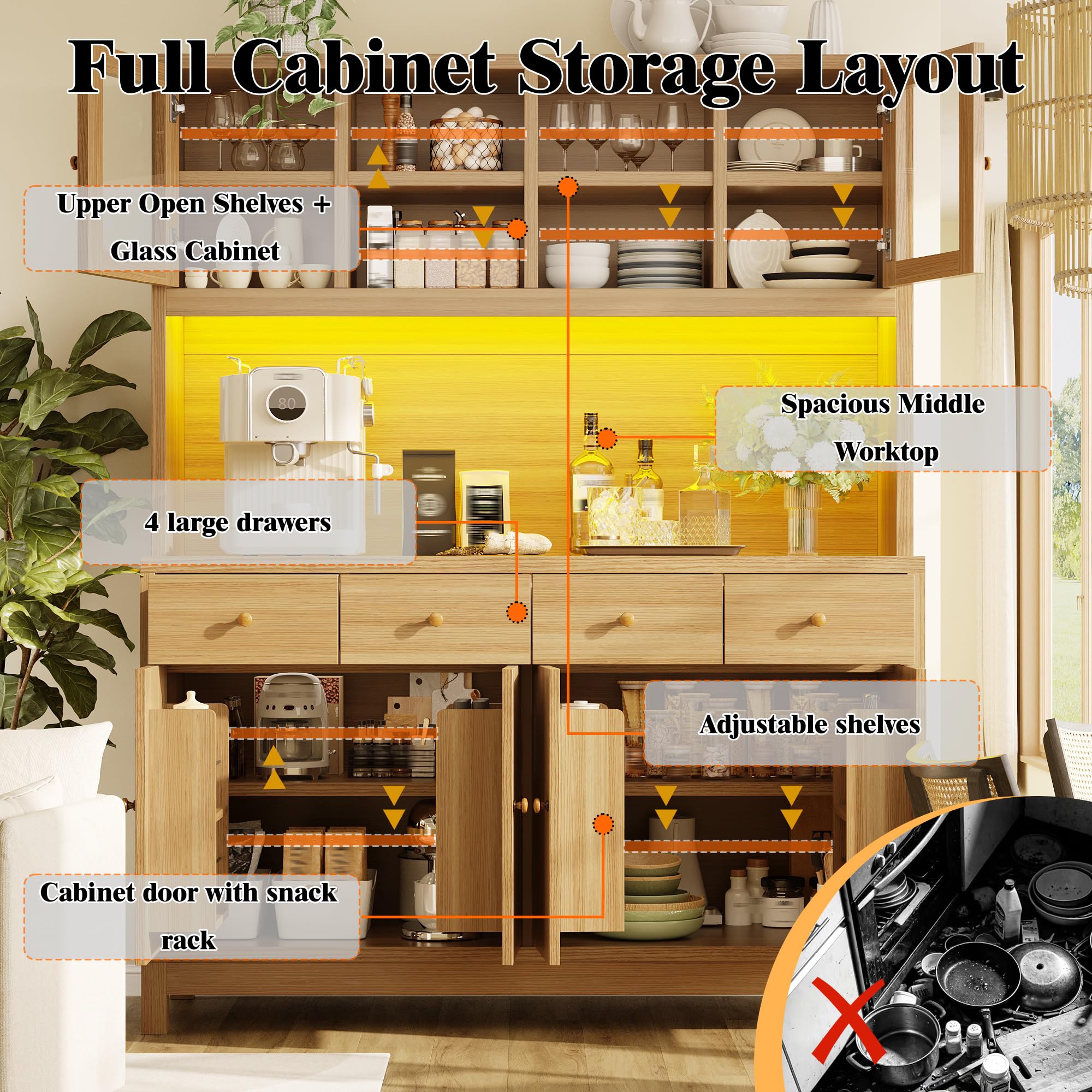 Credenza Cucina Alta con Luce LED, Mobiletto Soggiorno Ristorante