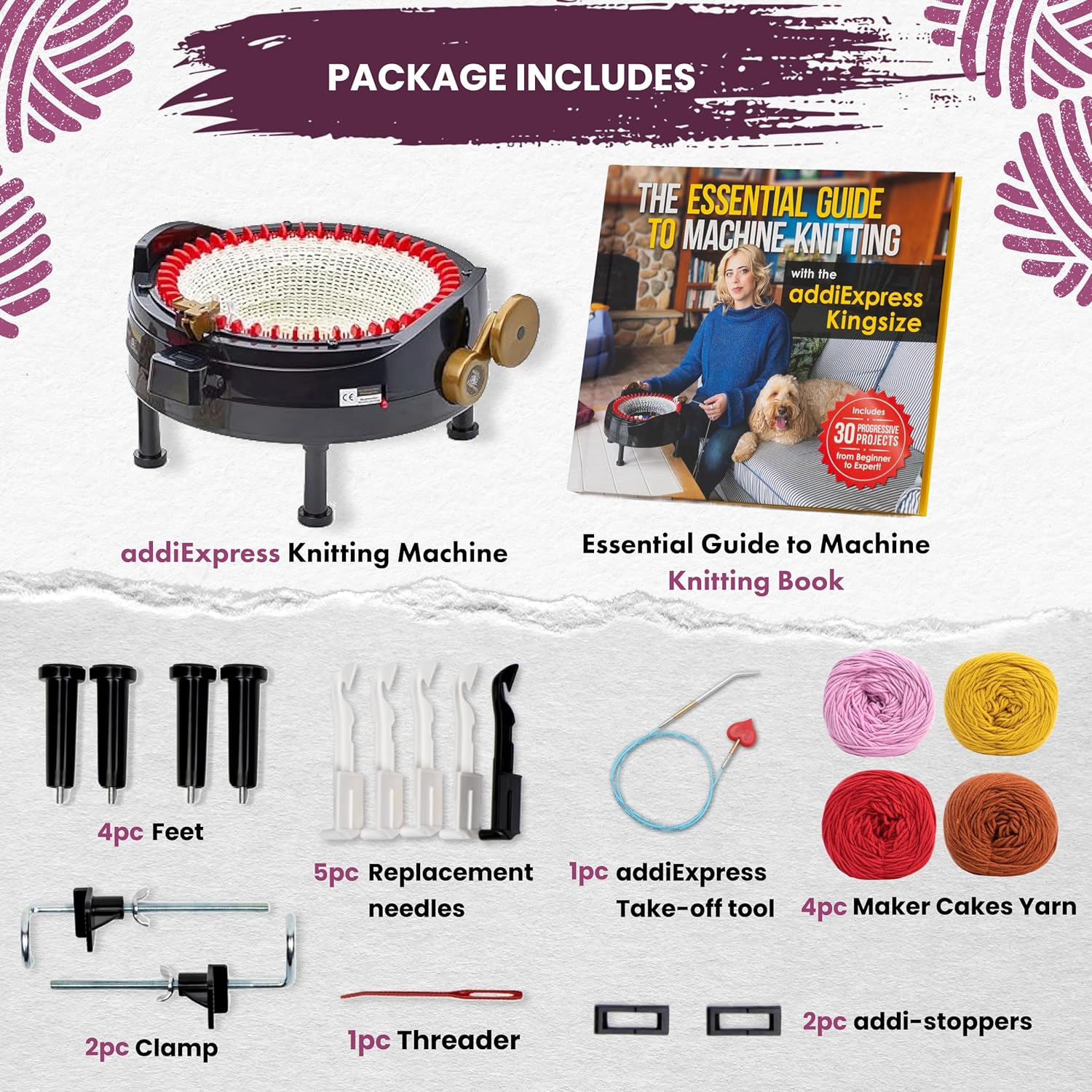 Addi Express Knitting Machine Set, Includes King Size Knit Loom Machine, 4 Maker Yarn Cakes, addiExpress Take-Off Tool, and Essential Guide to Machine Knitting Book, Warm Colors