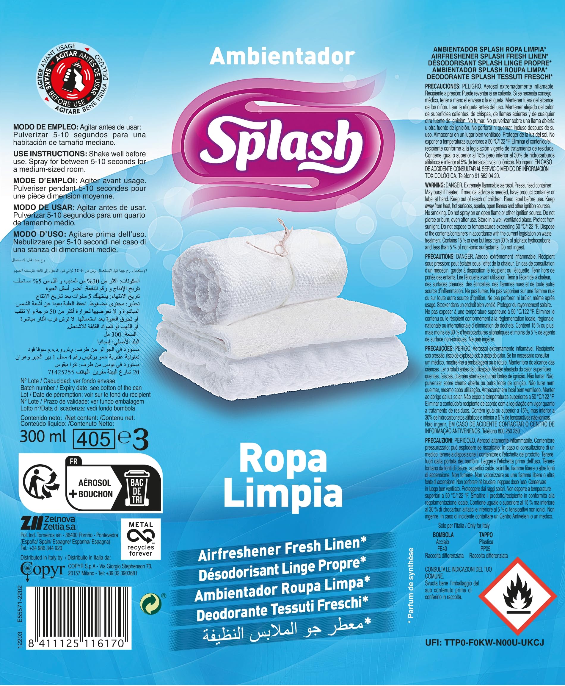 SPLASH Spray Aromatizador Ambientador 300 ml Fragancia Fresca Ropa Limpia