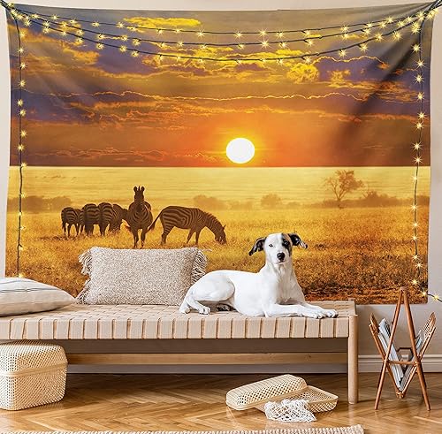 Miniatura 8 de Ambesonne Tapiz africano, cebras en el territorio de la sabana occidental al atardecer, horizonte, tropical, impresión de paisaje, para colgar en la