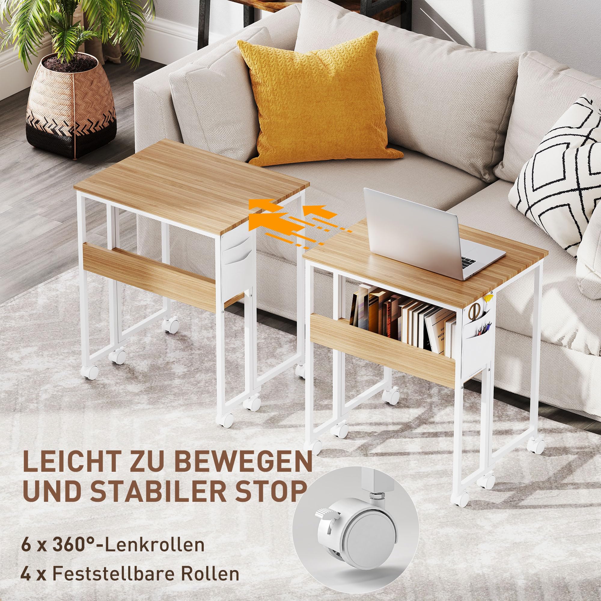 HOMCOM 63 cm Klappschreibtisch mit Rollen mit Regal für Home Office Natur | Schreibtisch, Klappbar, Kleiner, Platzsparend, Computertisch, Aufbewahrungstasche