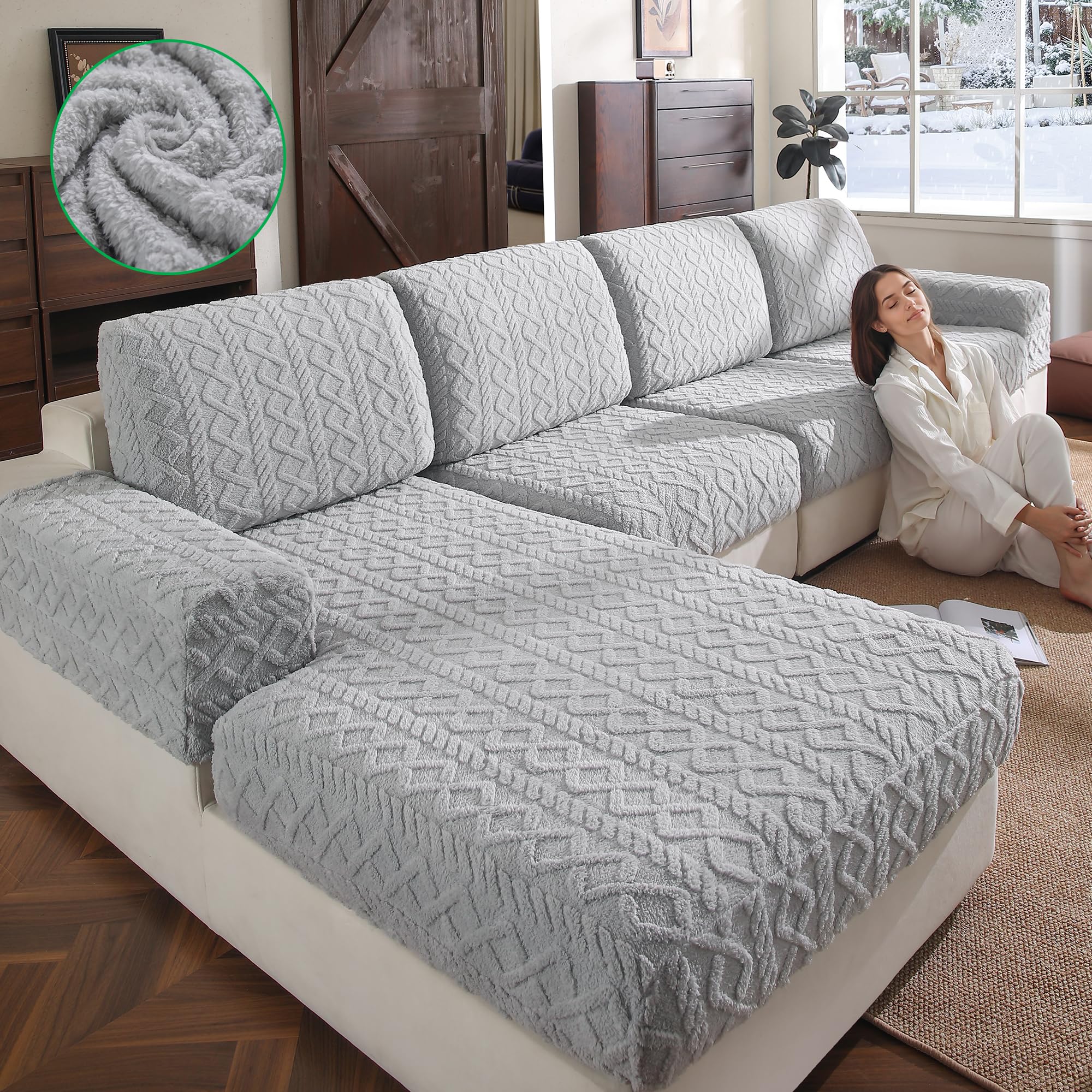 OHSIO Sofa Überzug – Elastischer & Waschbarer Sofabezug, Weicher Langlebiger Couchbezug für Sitzkissen & Wohnzimmermöbel(Hellgrau, 1x Armlehnenbezug)