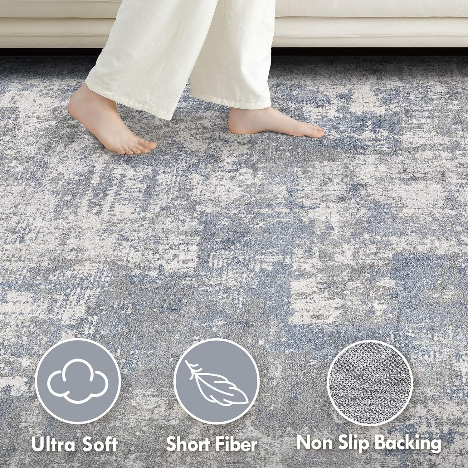 Tortania Washable 5x7 Area Rug for Living Room: Modern Abstract Neutral Large Soft Thin Rugs - Non Slip Indoor Carpet for Bedroom Dining Room Office Nursery Home Floor Decoration - Blue Grey