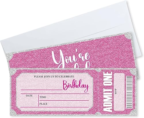 Invitaciones de cumpleaños de 3 x 8 pulgadas – 20 tarjetas de invitación con purpurina rosa con 20 sobres – Boletos VIP estilo relleno de doble cara