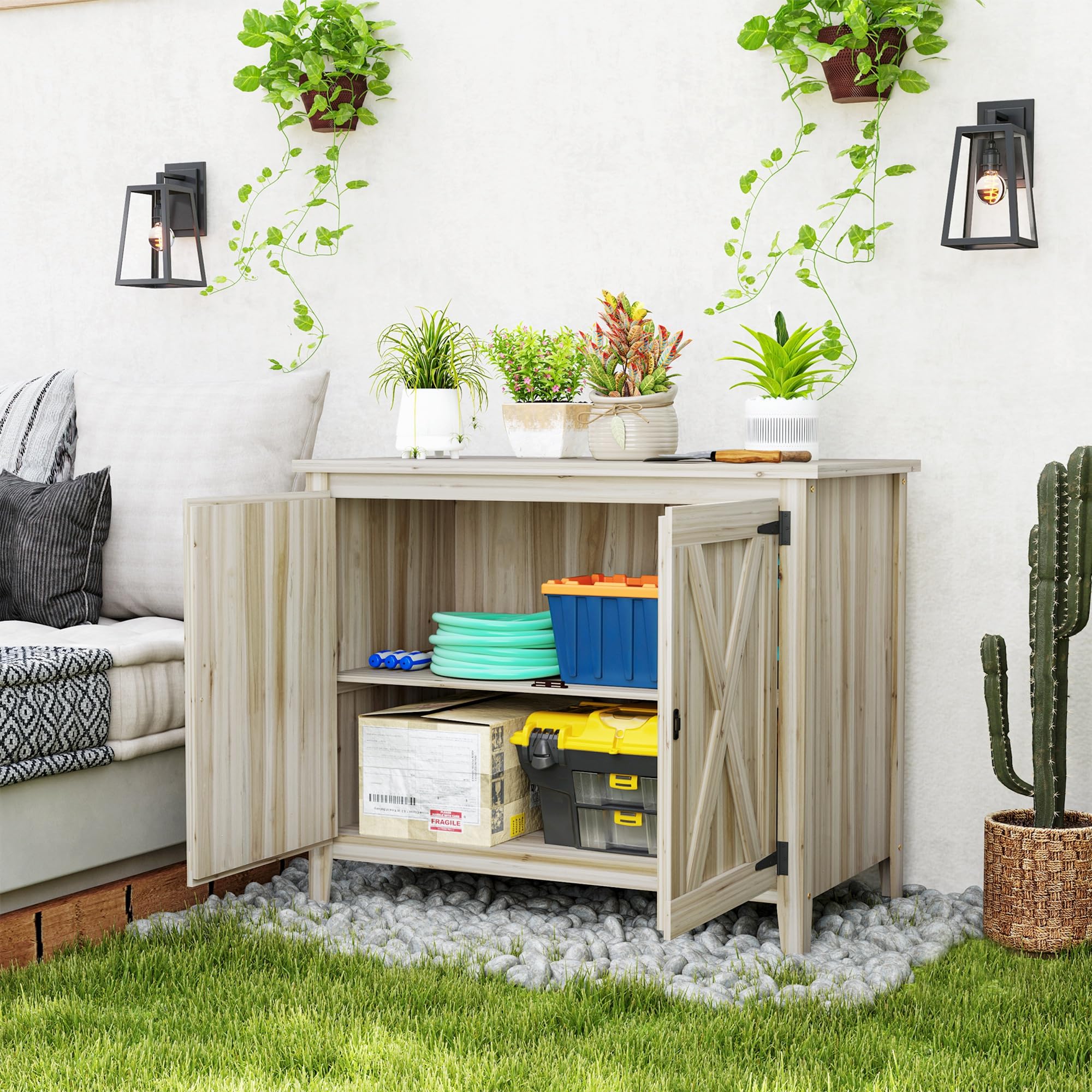 Outsunny Armoire de Jardin en Bois Étagères 110 x 60 x 88,5 cm Naturel | Double Portes, Placard de Jardin, Armoire à Outils