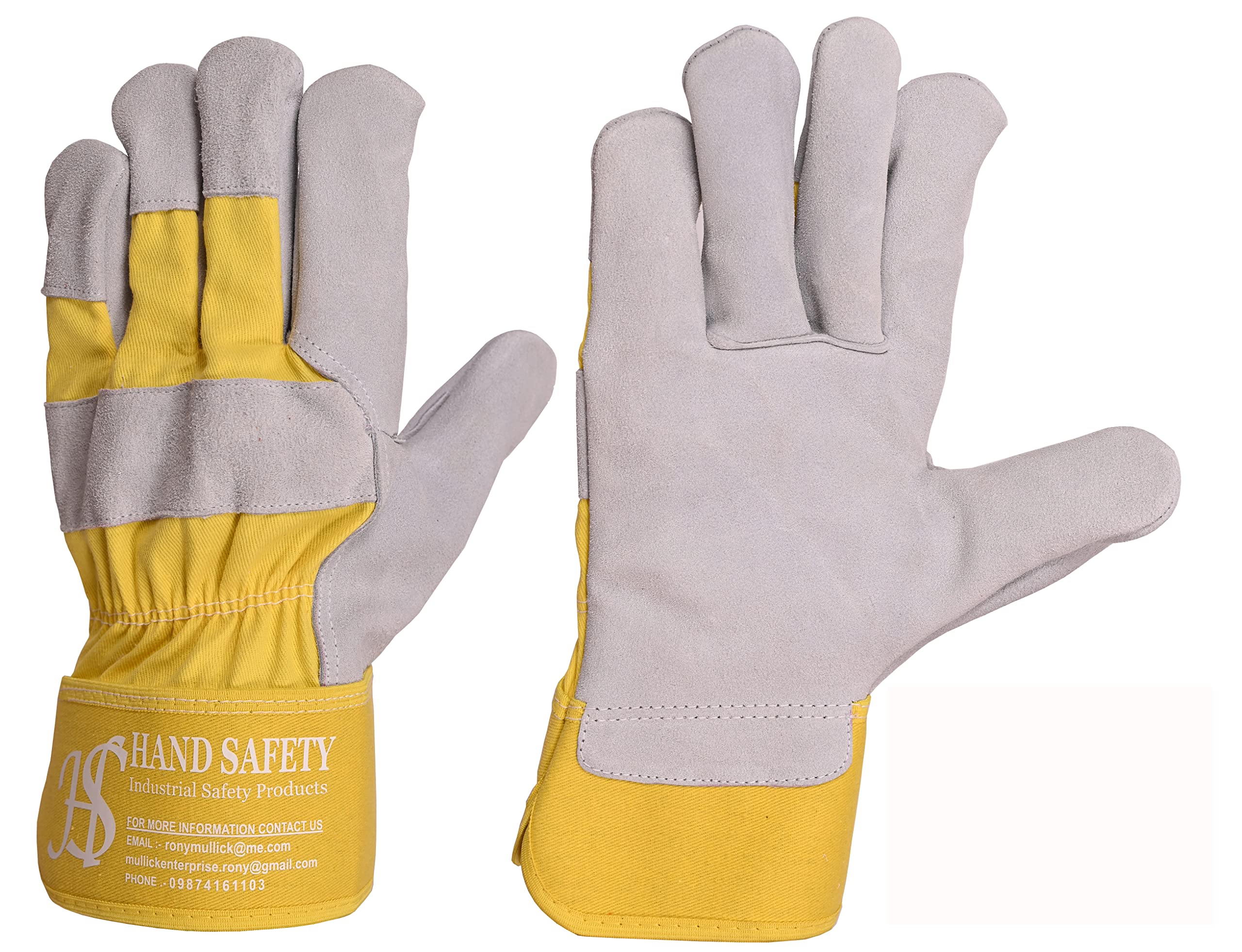 HAND SAFETY Premium Black Suede Cow Hide Leather & Yellow Cotton Blend Heat & Fire Resistant Working Welder Glove (Large, GREY)