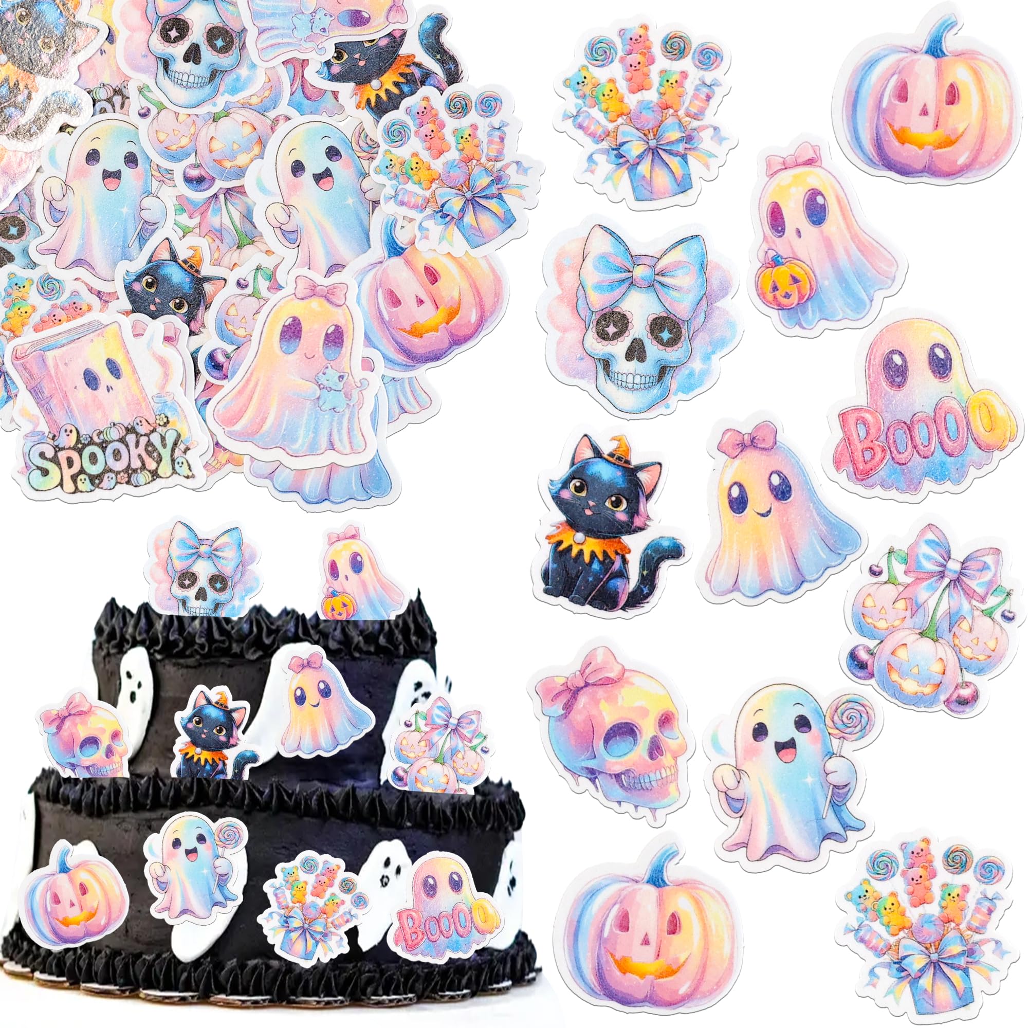 Ephlyn 54Pcs Edible Pink Halloween Cupcake Toppers Wafer Paper Skeleton Pumpkin Spooky Cupcake Pick Decorations for Halloween Theme Party Birthday Decor Supplies