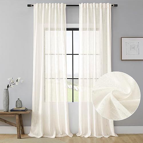 HPANVNIO Cortinas semitransparentes con textura de lino de poliéster de color blanco hueso, estilo superior de cinta multifunción, para dormitorio,