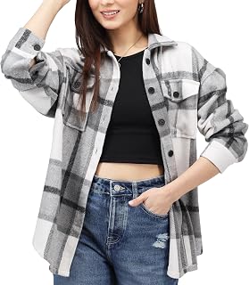 Women's Flannel Shirt Plaid Shacket Fall Outfit Relaxed Fit Button Down Long Sleeve Top Casual Jacket for Women