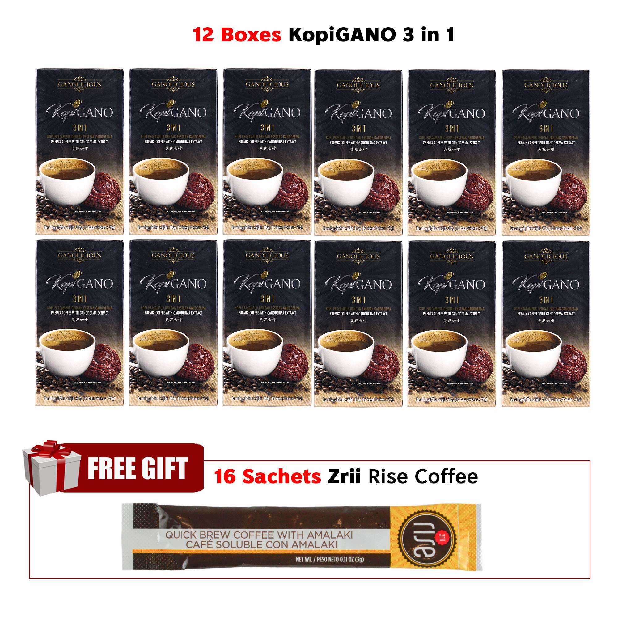 12 Boxes Kopi Gano 3 in 1 + Free 16 sachets Zrii Rise Coffee