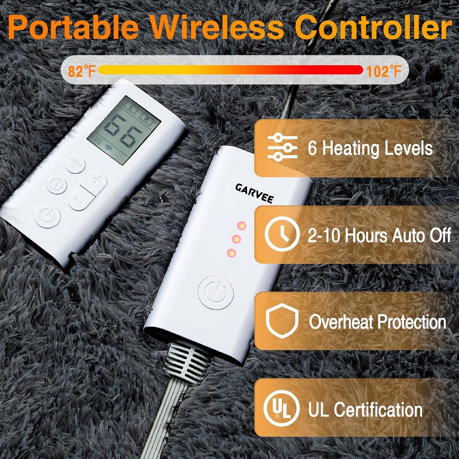 Close-up of the Garvee wireless controller and power unit, showing buttons for power, heat settings, and timer, along with UL certification and overheat protection icons.