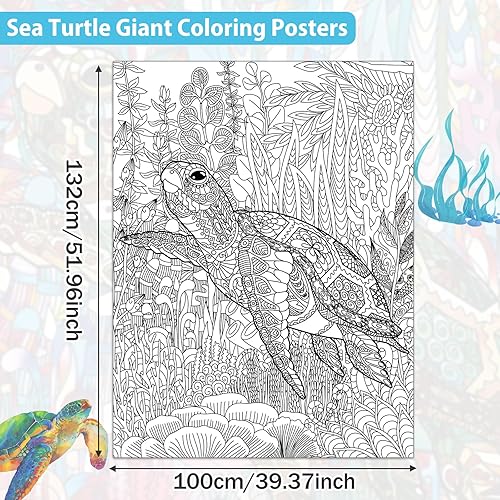Miniatura 2 de Carteles gigantes para colorear de tortugas marinas para niños y adultos, hojas para colorear de tortugas marinas de 39.37 x 51.96 pulgadas, mandala
